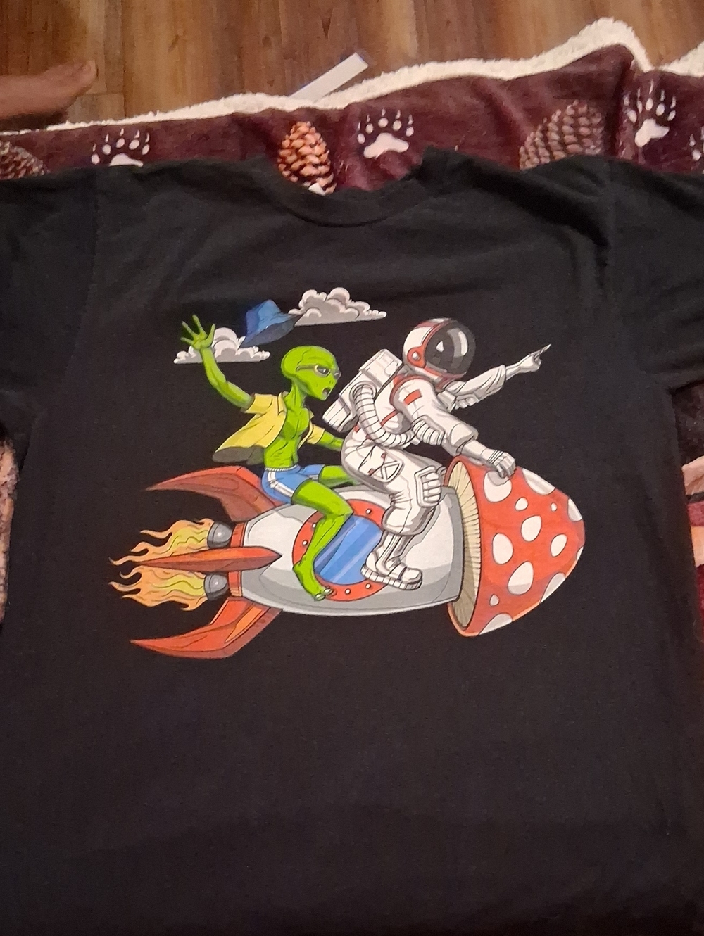 Port and Company Black Tee with Colorful Alien and Astronaut Rocket Graphic